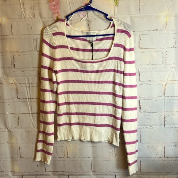 NWT PINK ROSE PINK AND WHITE STRIPED SQUARE NECK SWEATER XL - Picture 1 of 8